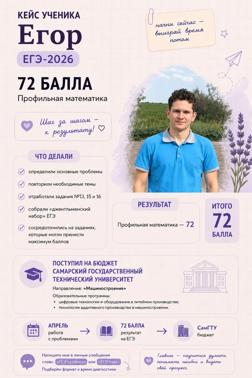Кейс ученика Егор: 72 балла по профильной математике и поступление на бюджет в СамГТУ