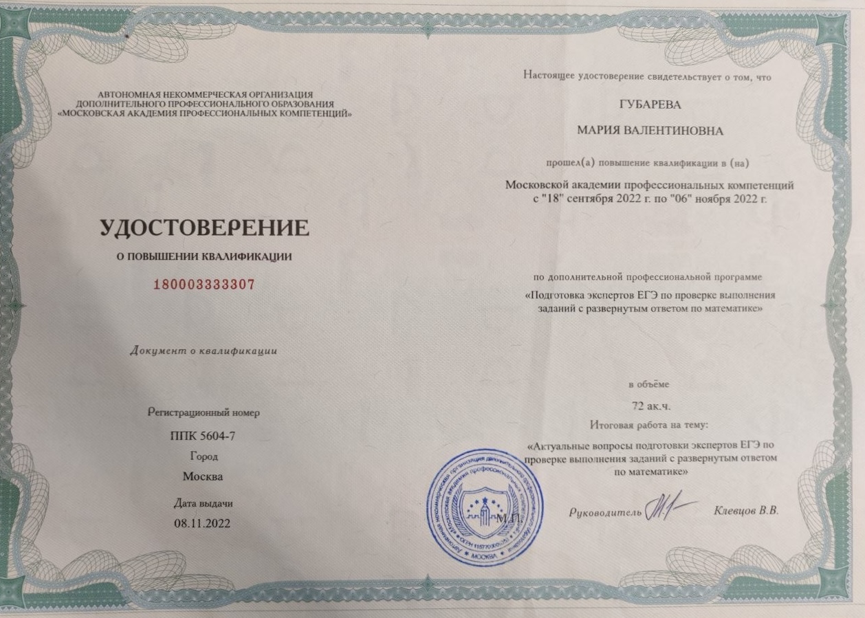 Удостоверение о повышении квалификации экспертов ЕГЭ по математике, 2022 год
