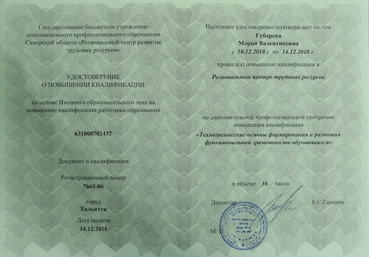 Удостоверение по программе регионального центра трудовых ресурсов, 2018 год